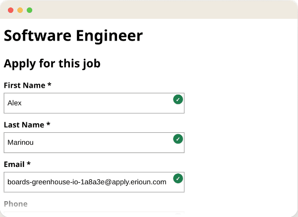 A Greenhouse application form for a Software Engineer role with the first name, last name and email fields filled in and each marked with a green verified tick. The email is a tracked apply.erioun.com address.
