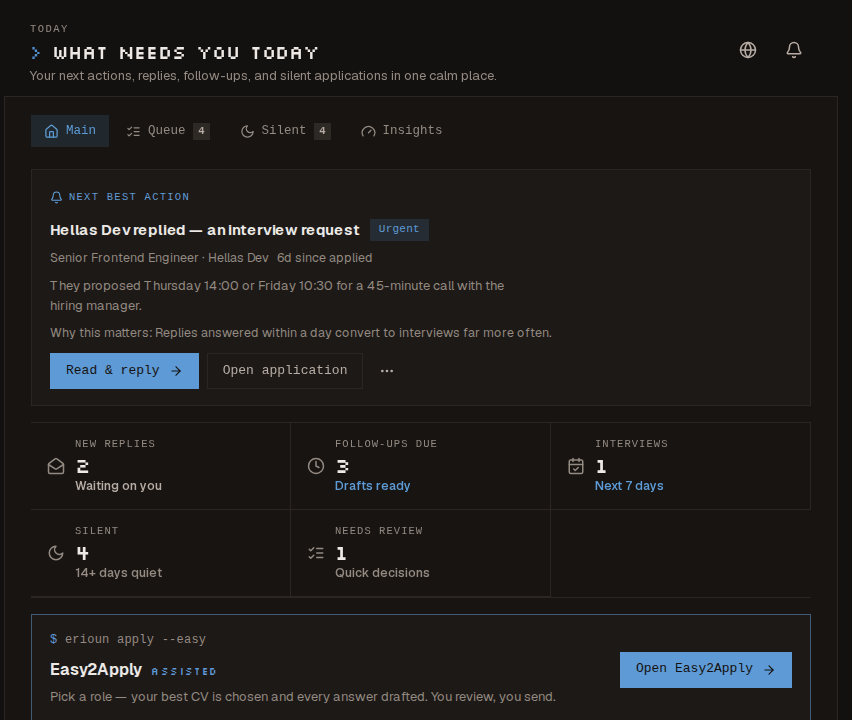 The Erioun Today screen: an interview request surfaced as the next best action, with counters for new replies, follow-ups due and applications gone silent